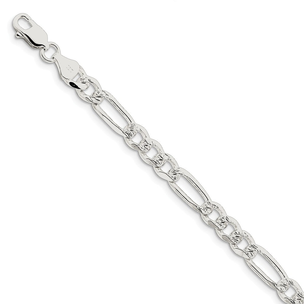 7mm Sterling Silver Solid Flat Pave Figaro Chain Bracelet