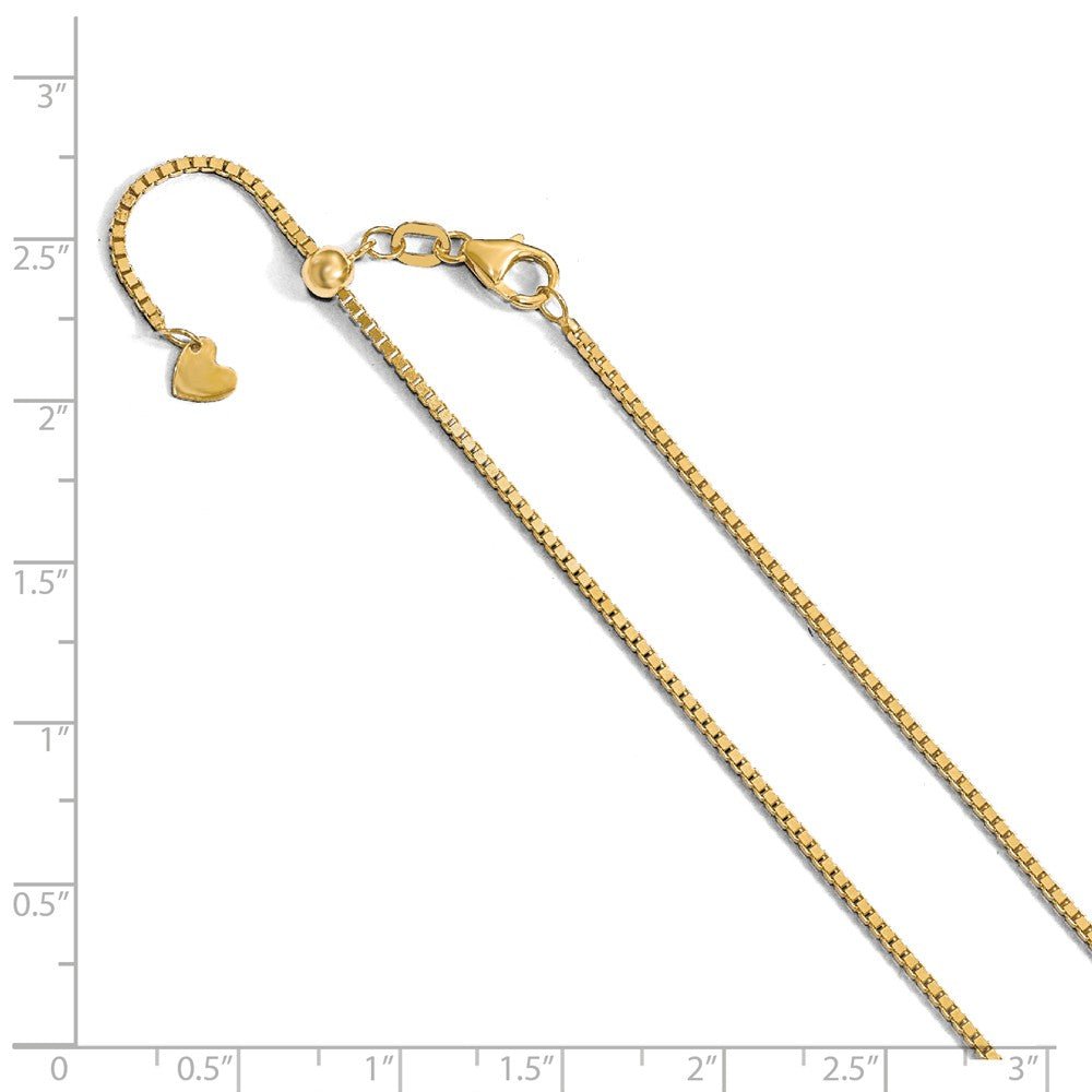 Alternate view of the 1.2mm 14k Yellow Gold Adjustable Box Chain Necklace by The Black Bow Jewelry Co.