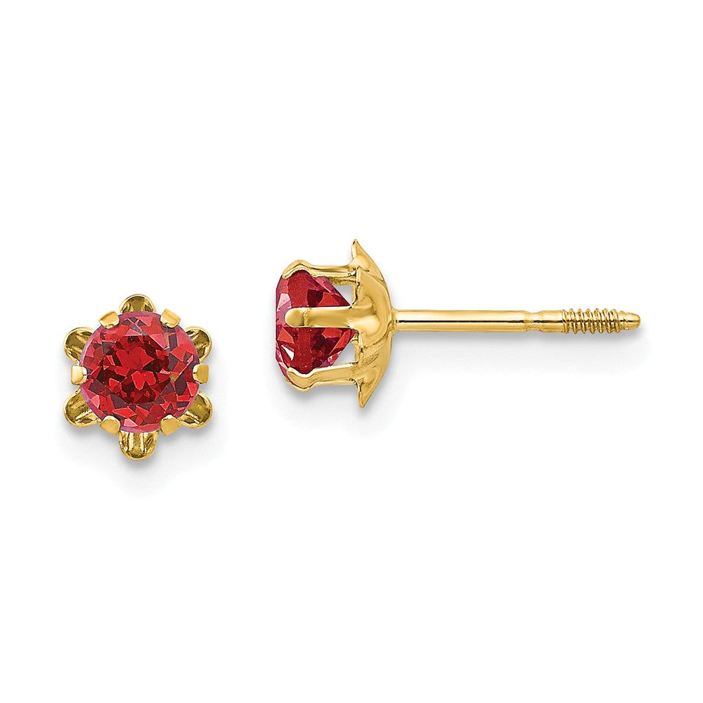 Kids 4mm Synthetic Ruby Screw Back 14k Yellow Gold Stud Earrings, Item E10002 by The Black Bow Jewelry Co.