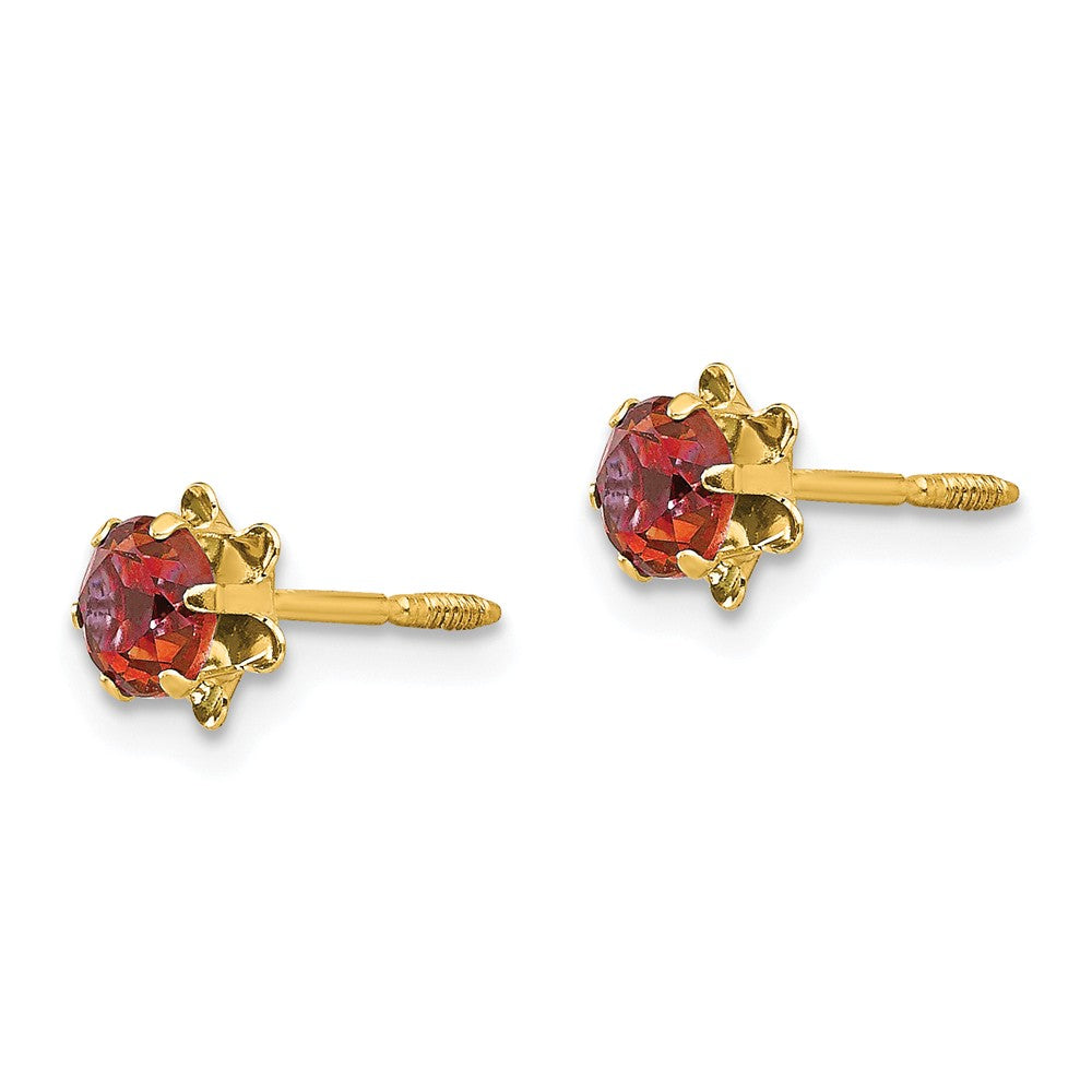 Alternate view of the Kids 4mm Synthetic Ruby Screw Back 14k Yellow Gold Stud Earrings by The Black Bow Jewelry Co.