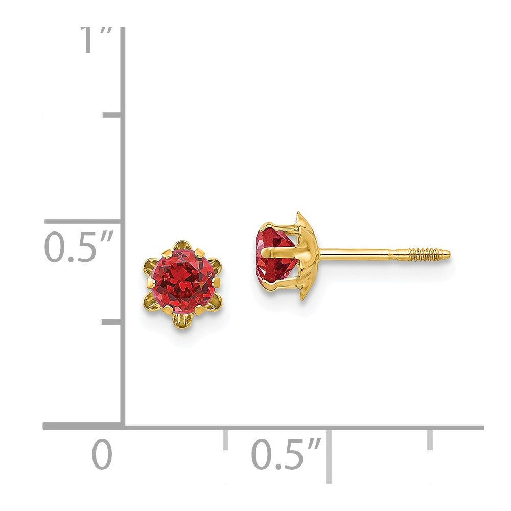 Alternate view of the Kids 4mm Synthetic Ruby Screw Back 14k Yellow Gold Stud Earrings by The Black Bow Jewelry Co.