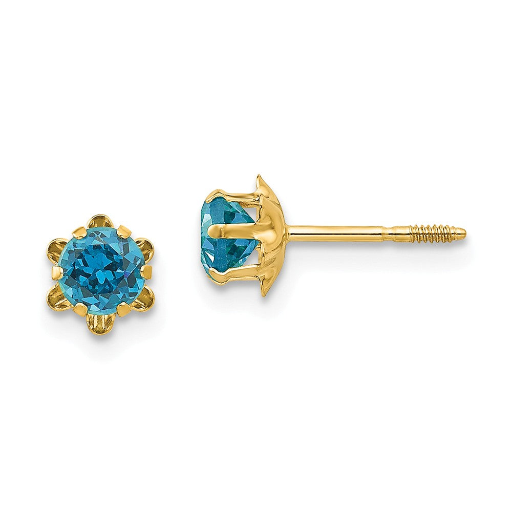 Kids 4mm Synthetic Blue Topaz Screw Back 14k Yellow Gold Stud Earrings, Item E10007 by The Black Bow Jewelry Co.