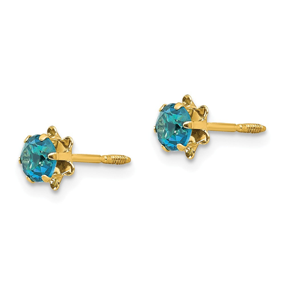 Alternate view of the Kids 4mm Synthetic Blue Topaz Screw Back 14k Yellow Gold Stud Earrings by The Black Bow Jewelry Co.