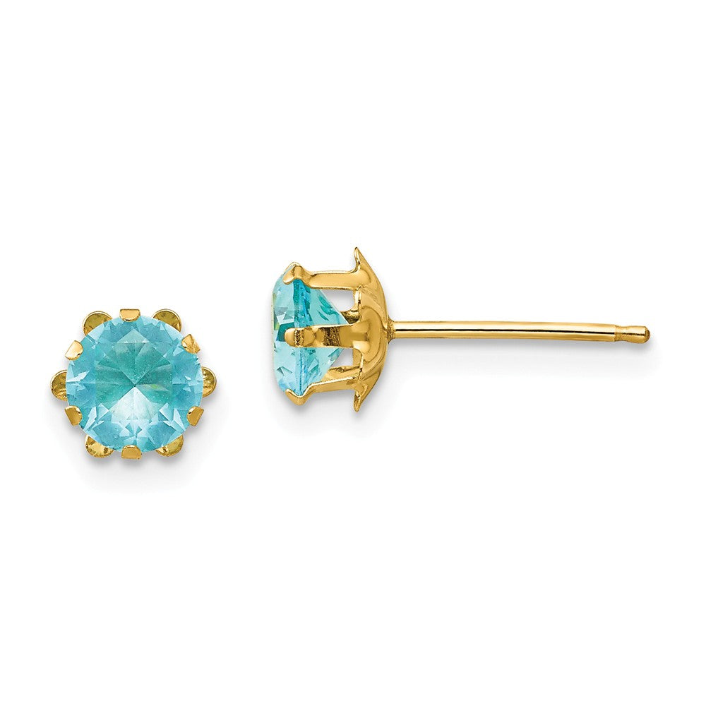 Kids 5mm Synthetic Aquamarine Birthstone 14k Yellow Gold Stud Earrings, Item E10010 by The Black Bow Jewelry Co.