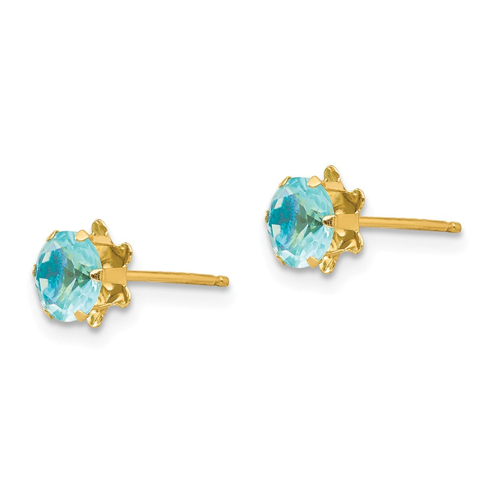 Alternate view of the Kids 5mm Synthetic Aquamarine Birthstone 14k Yellow Gold Stud Earrings by The Black Bow Jewelry Co.