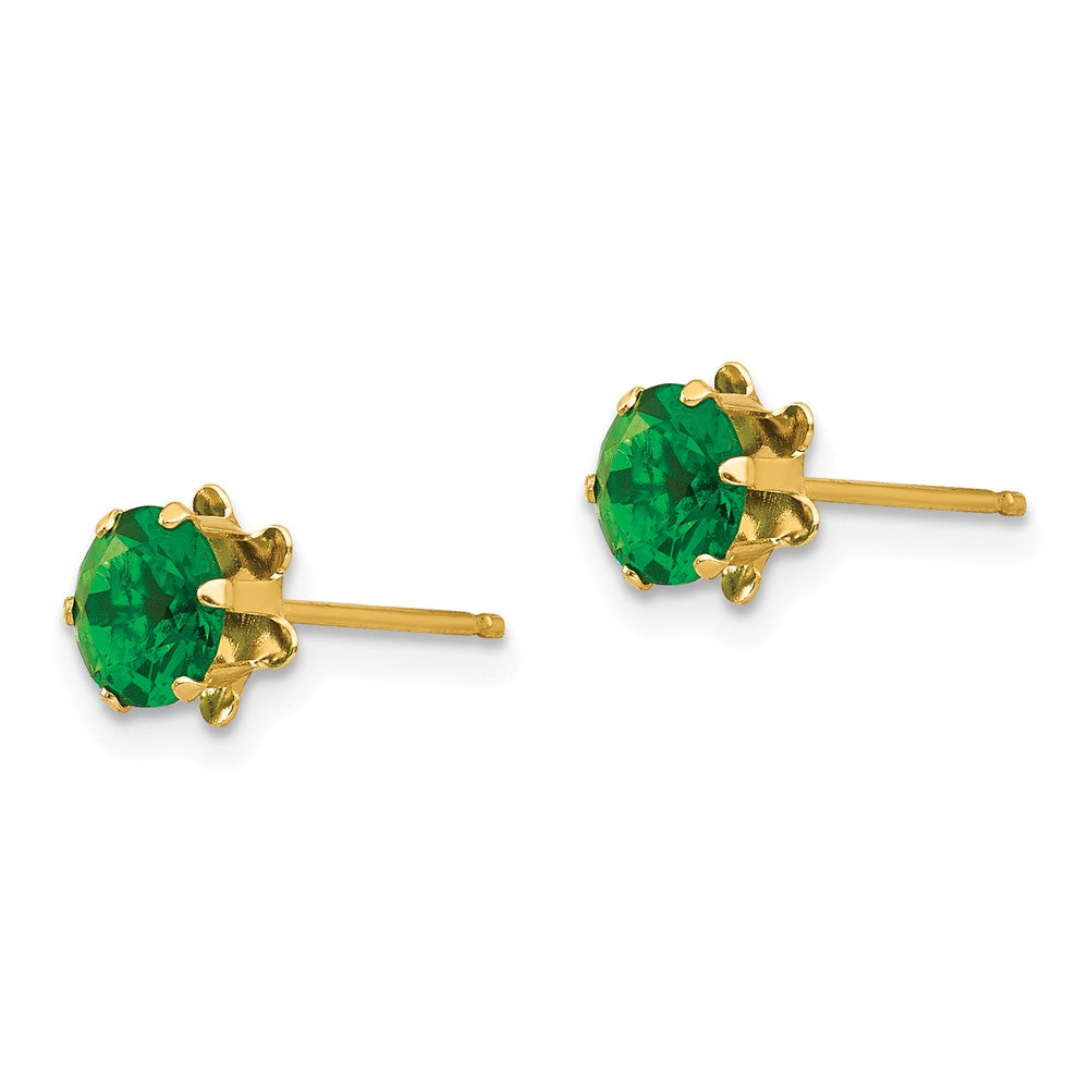 Alternate view of the Kids 5mm Synthetic Emerald Birthstone 14k Yellow Gold Stud Earrings by The Black Bow Jewelry Co.