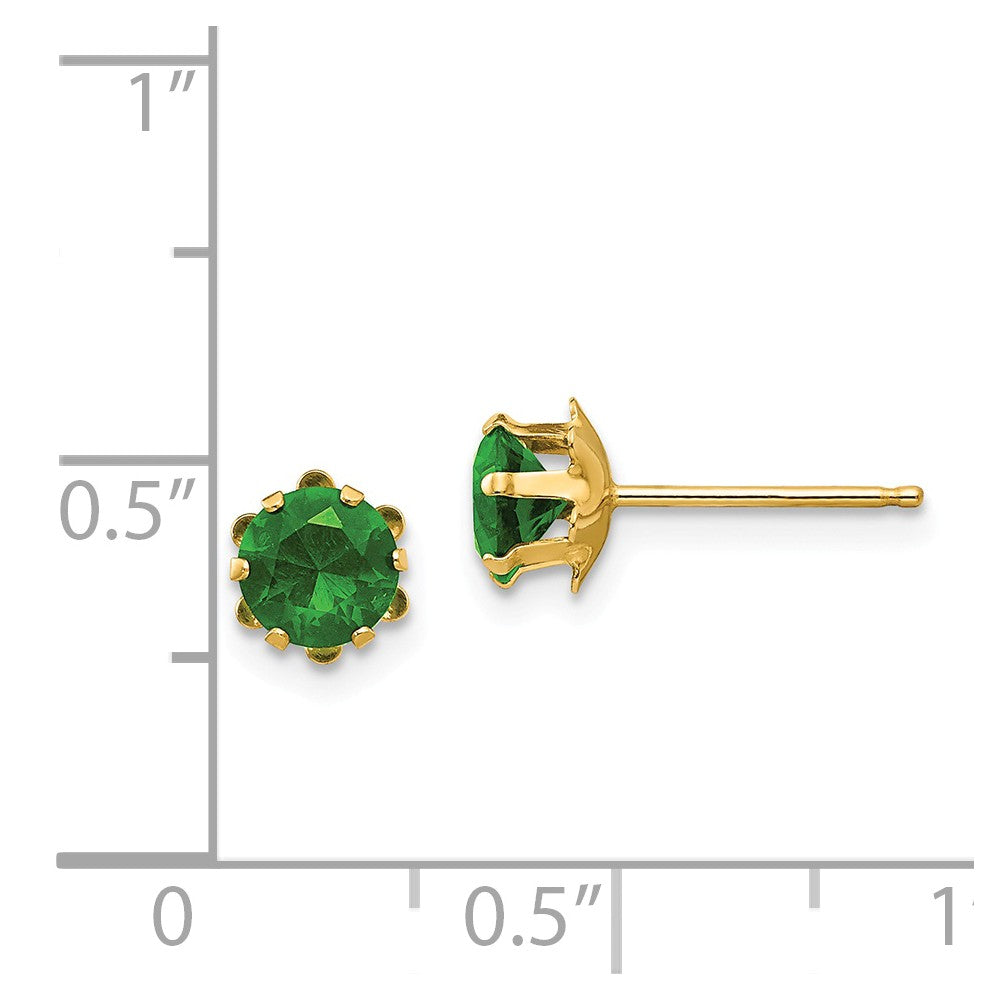 Alternate view of the Kids 5mm Synthetic Emerald Birthstone 14k Yellow Gold Stud Earrings by The Black Bow Jewelry Co.