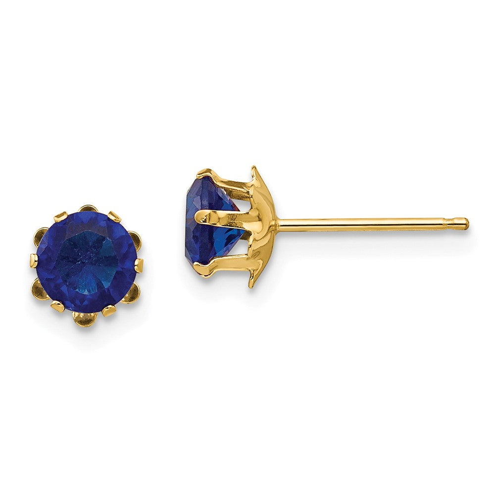 Kids 5mm Synthetic Sapphire Birthstone 14k Yellow Gold Stud Earrings, Item E10016 by The Black Bow Jewelry Co.