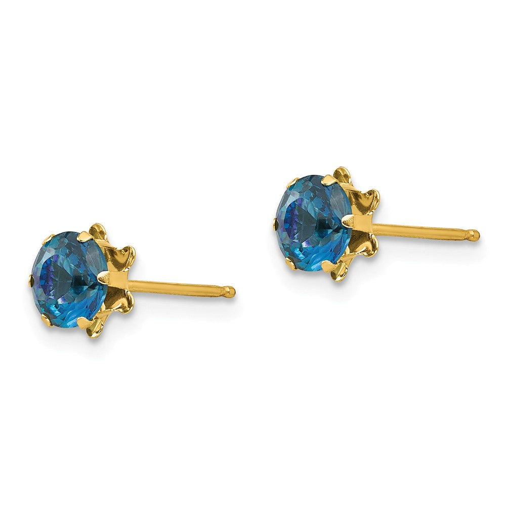 Alternate view of the Kids 5mm Synthetic Blue Topaz Birthstone 14k Yellow Gold Stud Earrings by The Black Bow Jewelry Co.