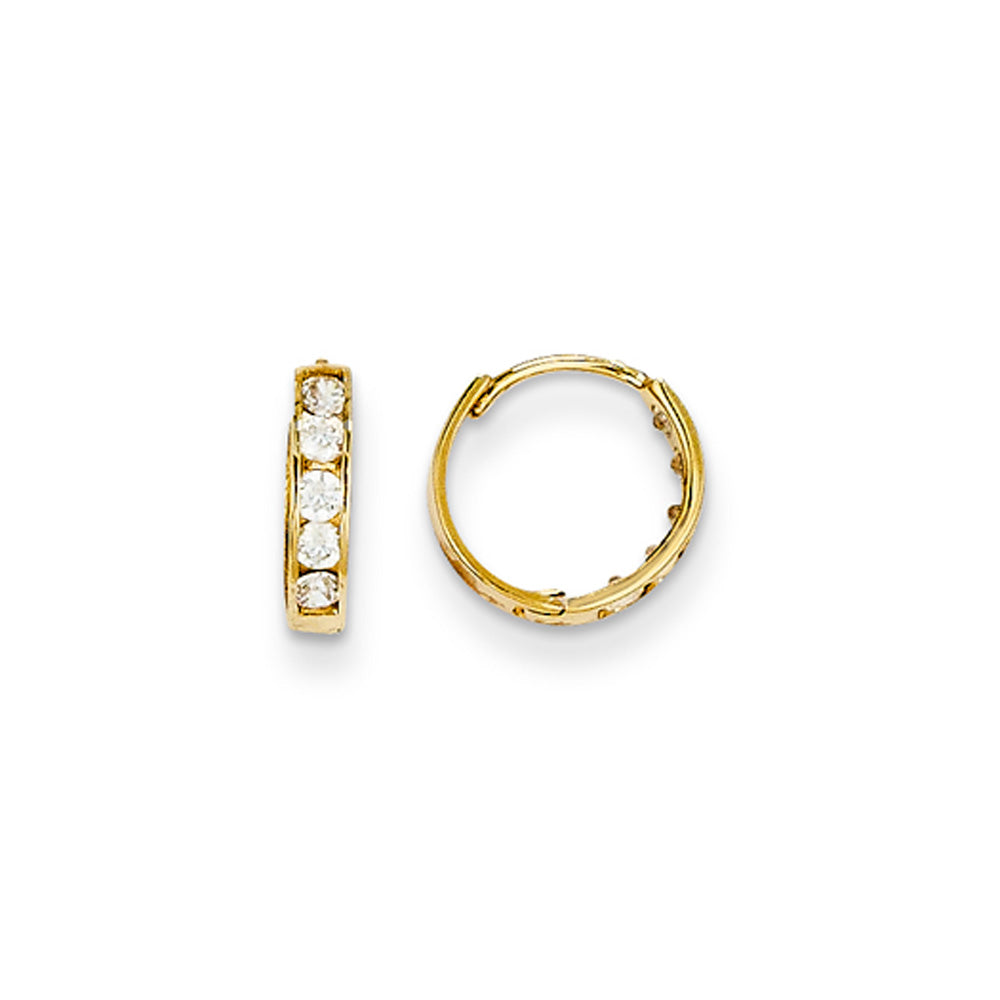 11mm Children&#39;s Hinged Post Cubic Zirconia Hoop Earrings in 14k Gold, Item E10093 by The Black Bow Jewelry Co.