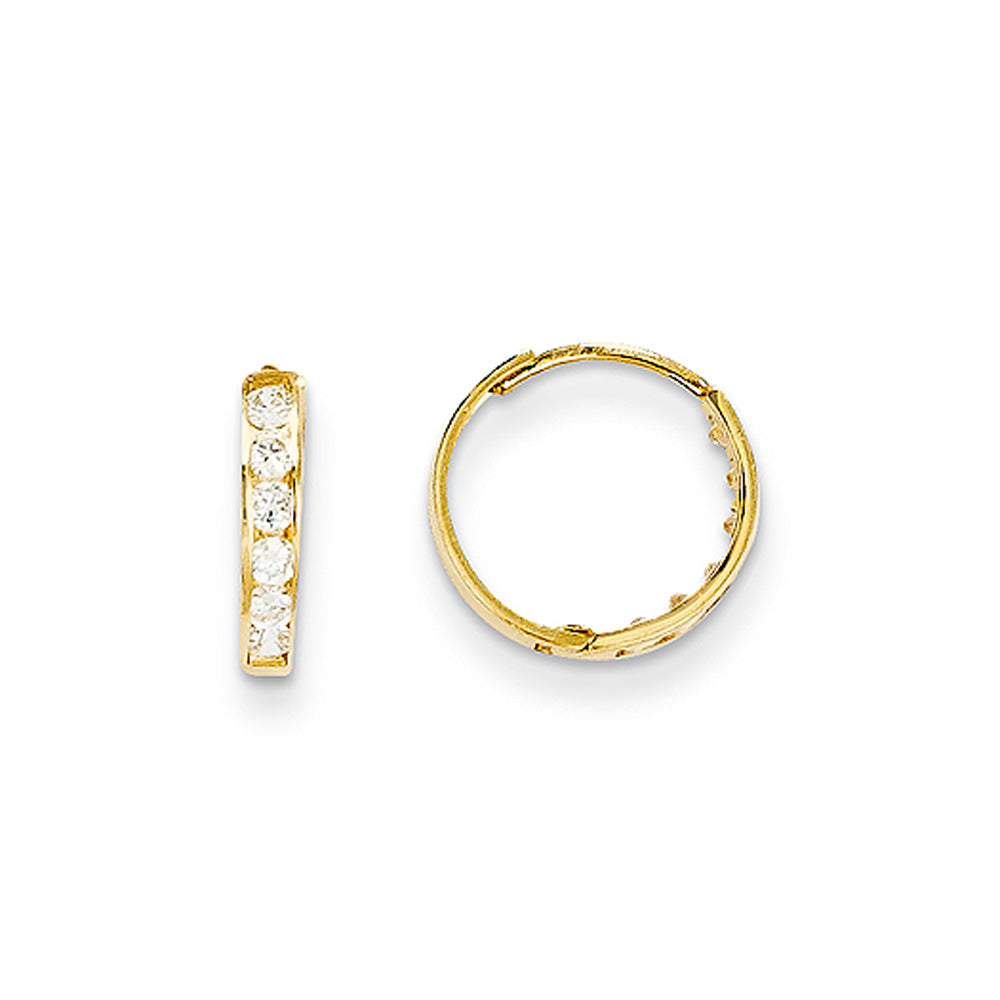 13mm Children&#39;s Hinged Post Cubic Zirconia Hoop Earrings in 14k Gold, Item E10094 by The Black Bow Jewelry Co.