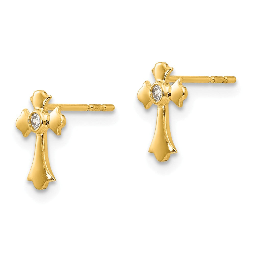 Alternate view of the Children&#39;s 14k Yellow Gold &amp; CZ 9mm Fleur de Lis Cross Post Earrings by The Black Bow Jewelry Co.