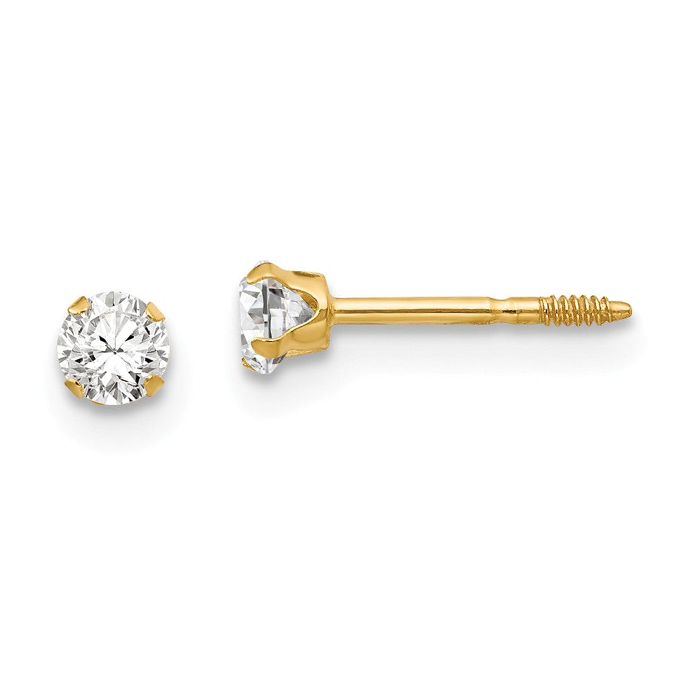 Kids 3mm Cubic Zirconia Solitaire Stud Earrings in 14k Yellow Gold, Item E10145 by The Black Bow Jewelry Co.