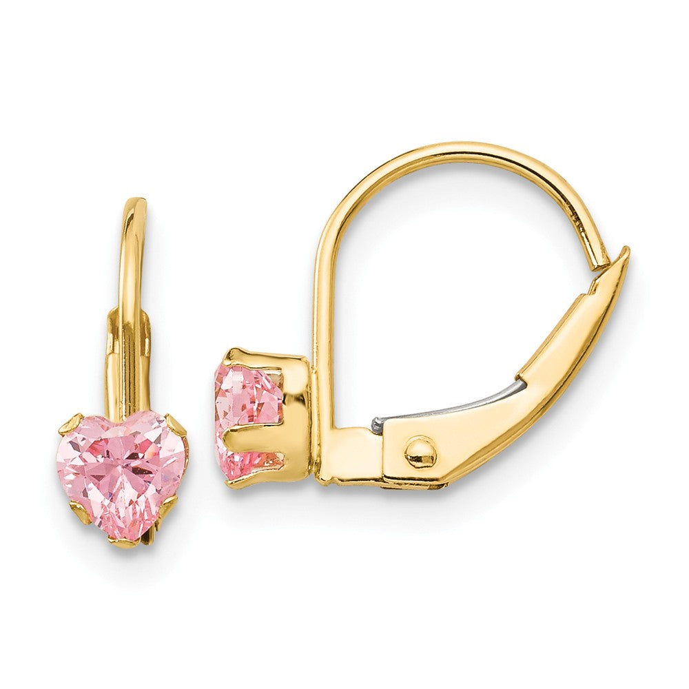 Kids 4mm Heart Shaped Pink Cubic Zirconia Lever Earrings in 14k Gold, Item E10154 by The Black Bow Jewelry Co.