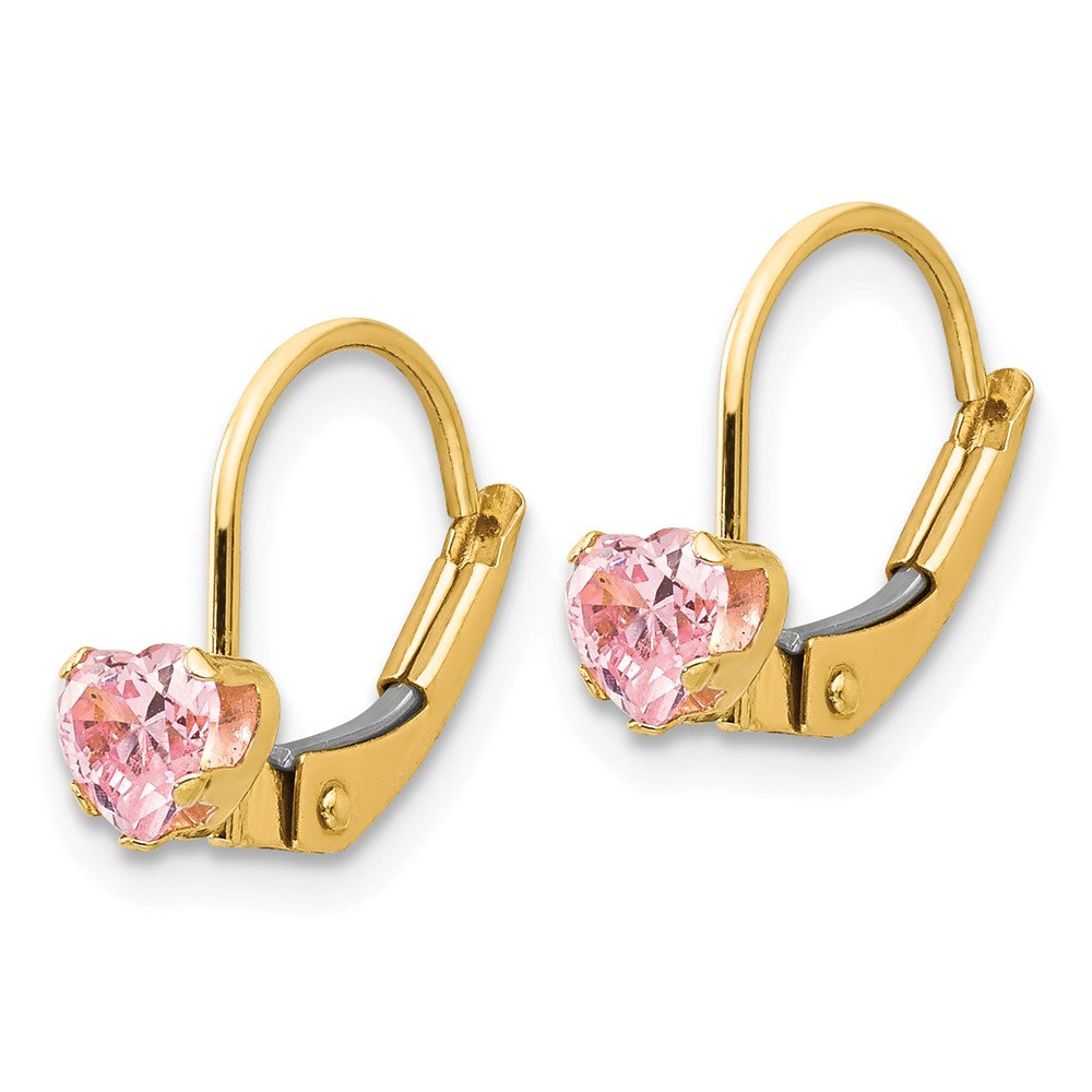 Alternate view of the Kids 4mm Heart Shaped Pink Cubic Zirconia Lever Earrings in 14k Gold by The Black Bow Jewelry Co.