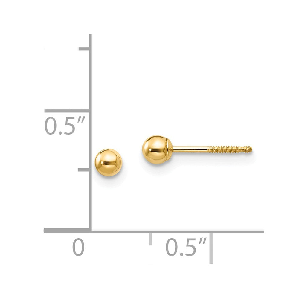 Alternate view of the Kids 3mm Ball Screw Back Stud Earrings in 14k Yellow Gold by The Black Bow Jewelry Co.