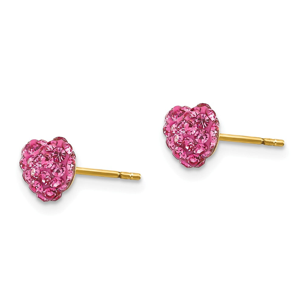 Alternate view of the 6mm Pink Crystal Heart Earrings with a 14k Yellow Gold Post by The Black Bow Jewelry Co.