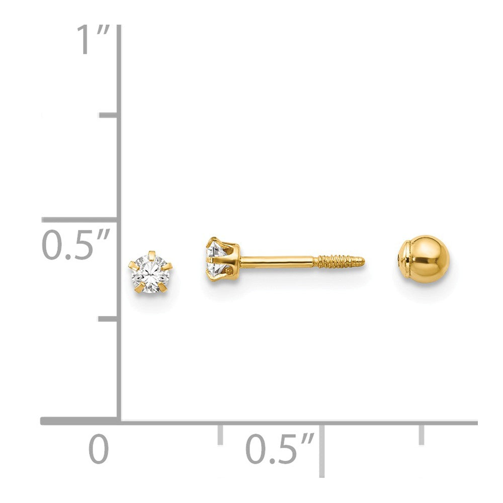 Alternate view of the Kids 14k Yellow Gold &amp; Crystal Reversible 3mm Ball Screw Back Earrings by The Black Bow Jewelry Co.