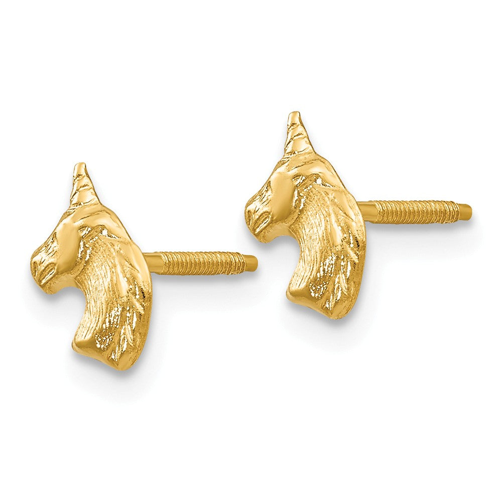 Alternate view of the Kids Unicorn Screw Back Post Earrings in 14k Yellow Gold by The Black Bow Jewelry Co.