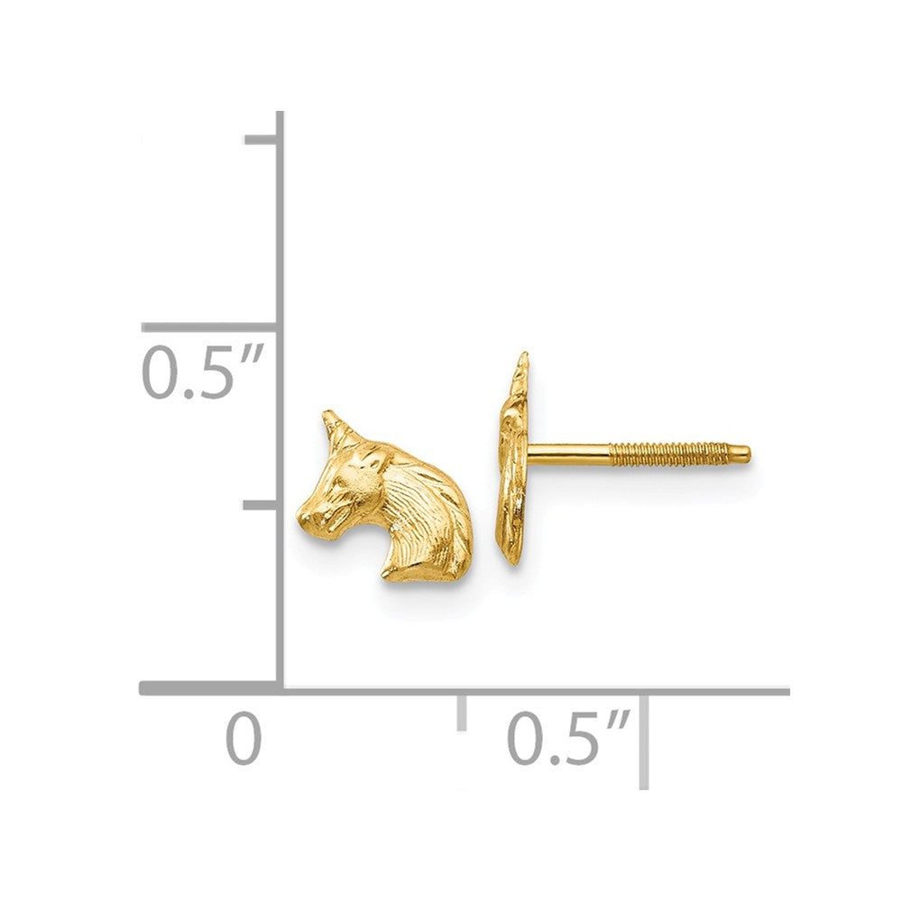 Alternate view of the Kids Unicorn Screw Back Post Earrings in 14k Yellow Gold by The Black Bow Jewelry Co.