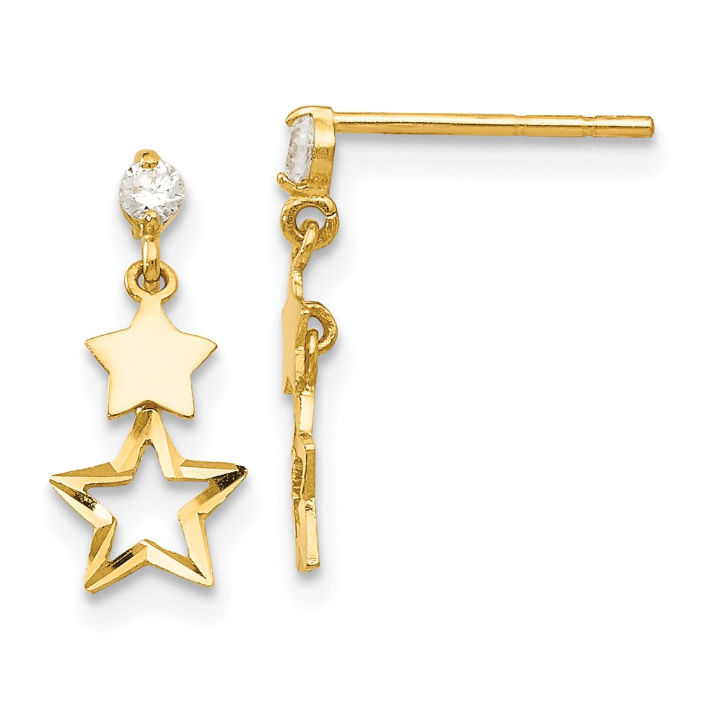 Kids Cubic Zirconia Double Star Post Dangle Earrings in 14k Gold, Item E10230 by The Black Bow Jewelry Co.