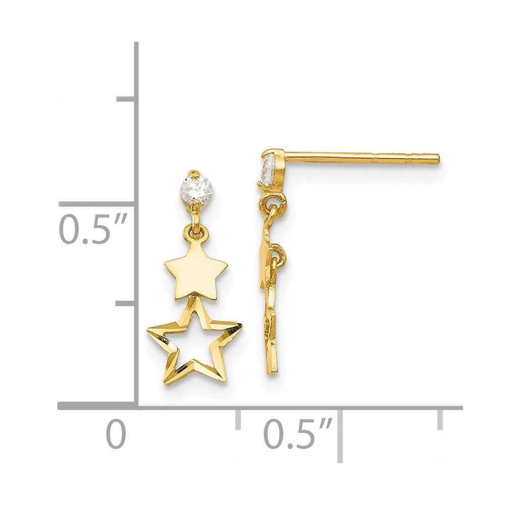 Alternate view of the Kids Cubic Zirconia Double Star Post Dangle Earrings in 14k Gold by The Black Bow Jewelry Co.