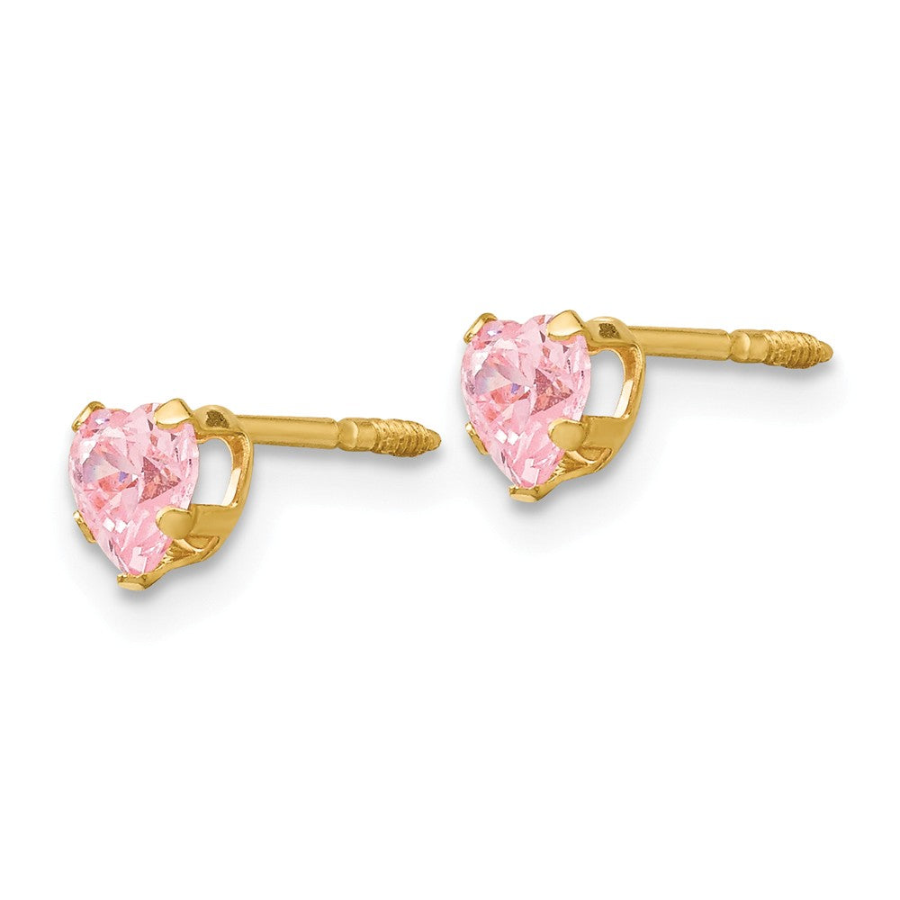 Alternate view of the Kids 4mm Pink Cubic Zirconia Heart Post Earrings in 14k Gold by The Black Bow Jewelry Co.