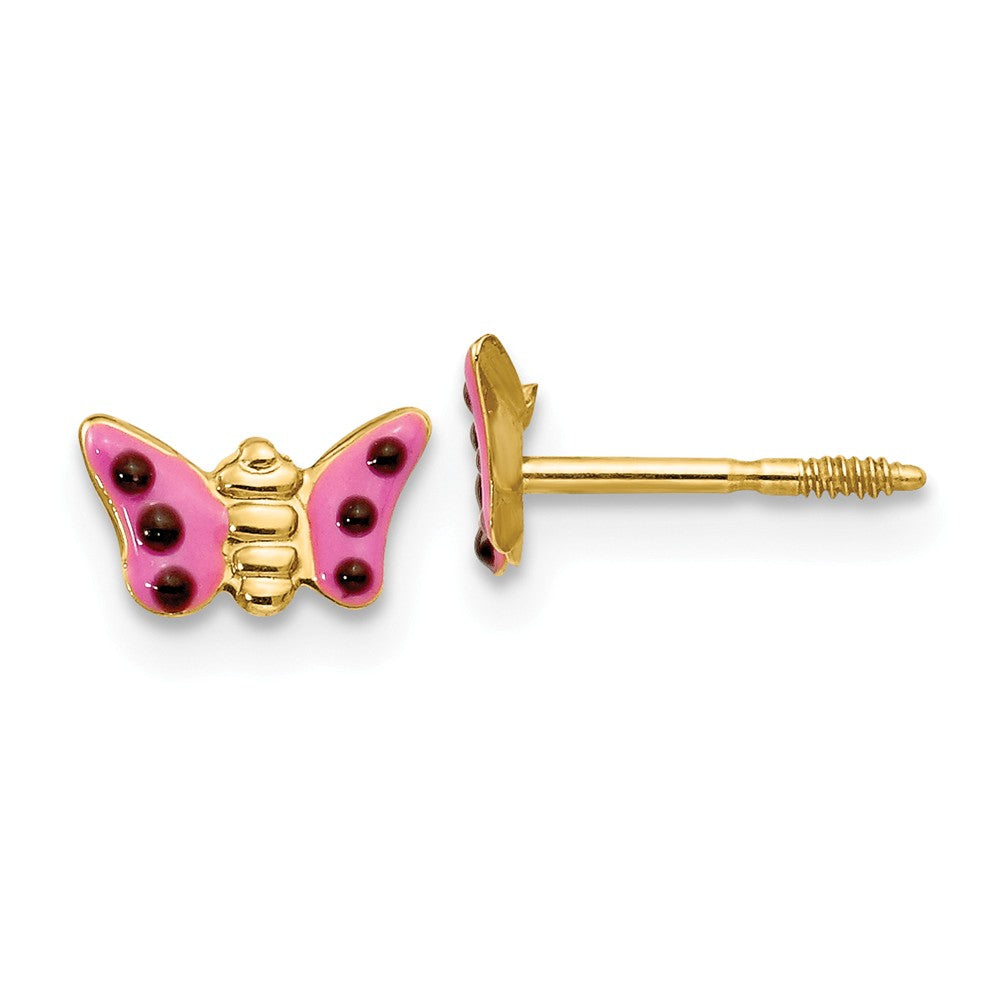 Kids Pink Enameled Butterfly Post Earrings in 14k Yellow Gold, Item E10261 by The Black Bow Jewelry Co.