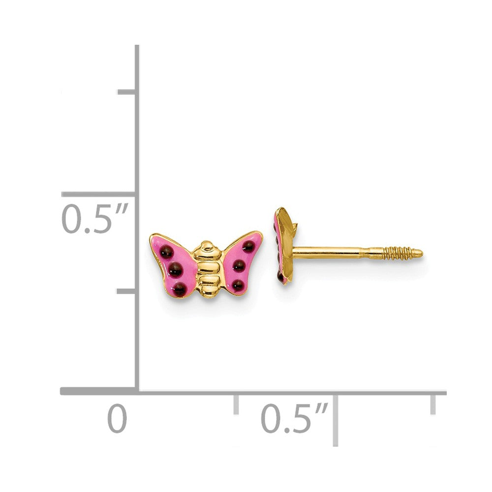 Alternate view of the Kids Pink Enameled Butterfly Post Earrings in 14k Yellow Gold by The Black Bow Jewelry Co.