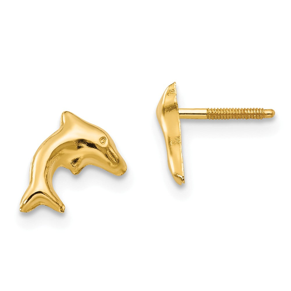 Kids Small Dolphin Screw Back Post Earrings in 14k Yellow Gold, Item E10281 by The Black Bow Jewelry Co.