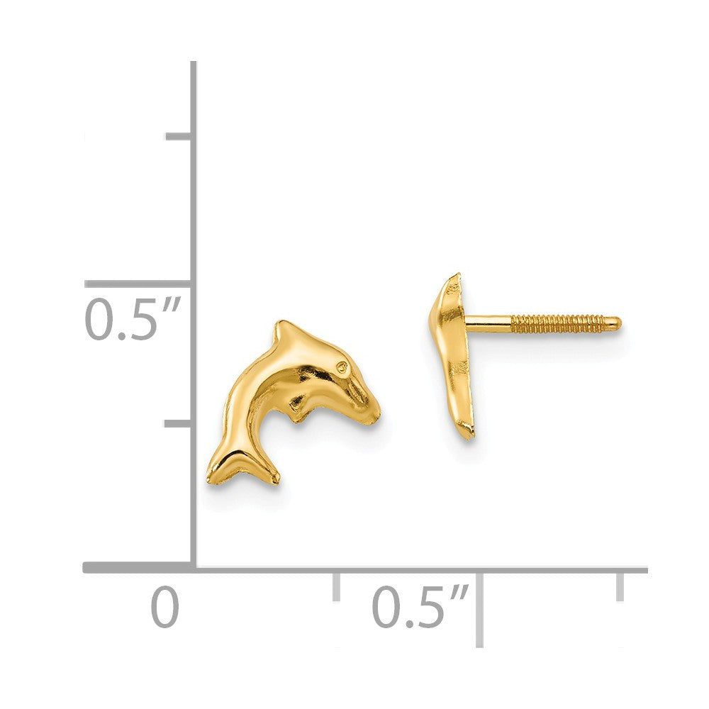 Alternate view of the Kids Small Dolphin Screw Back Post Earrings in 14k Yellow Gold by The Black Bow Jewelry Co.