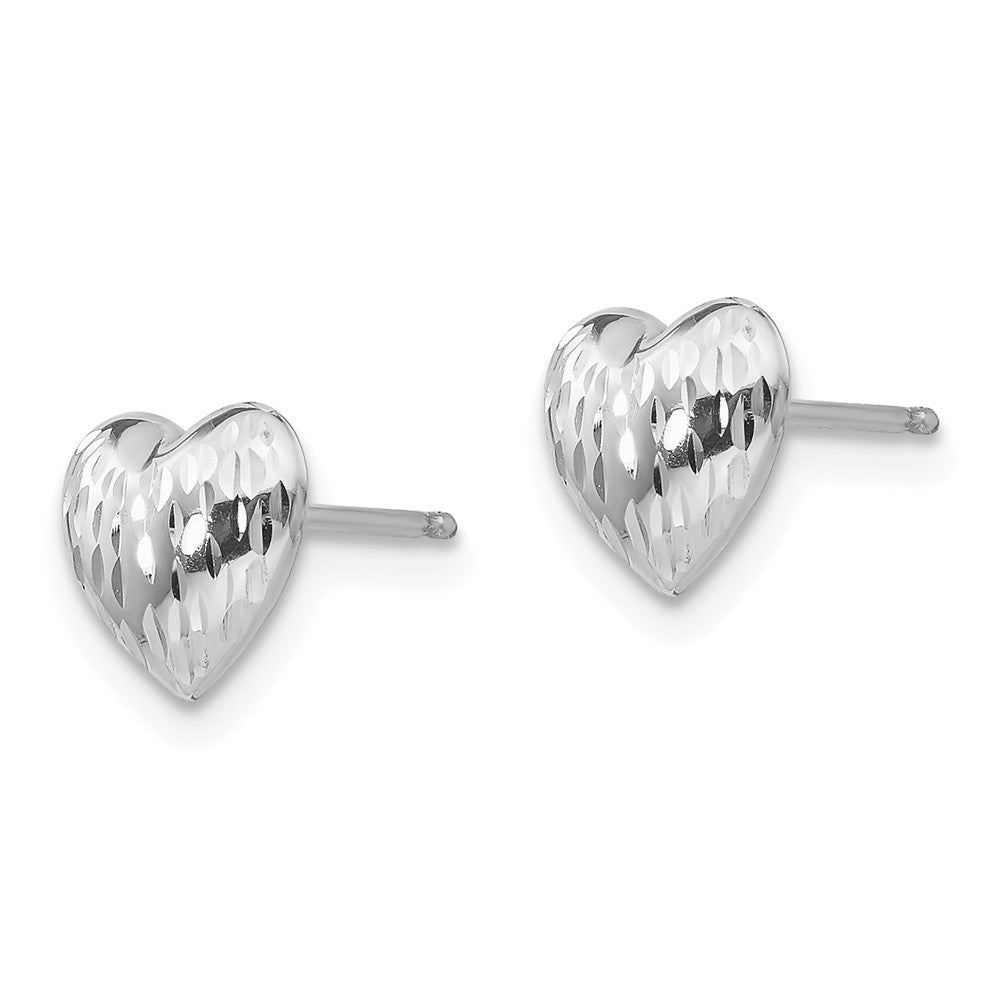 Alternate view of the 7mm Diamond-Cut Domed Heart Earrings in 14k White Gold by The Black Bow Jewelry Co.