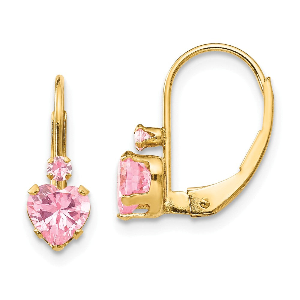 Kids Pink Cubic Zirconia Heart Lever Back Earrings in 14k Yellow Gold, Item E10303 by The Black Bow Jewelry Co.