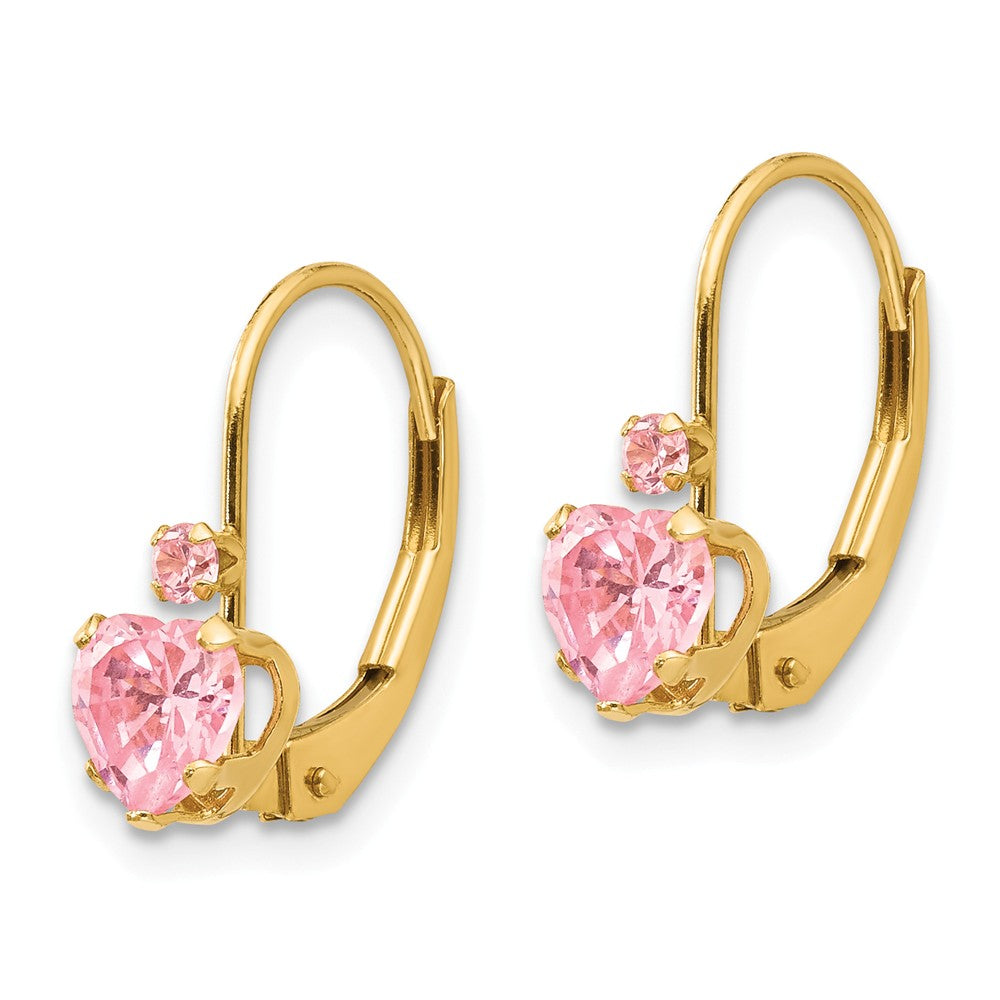 Alternate view of the Kids Pink Cubic Zirconia Heart Lever Back Earrings in 14k Yellow Gold by The Black Bow Jewelry Co.