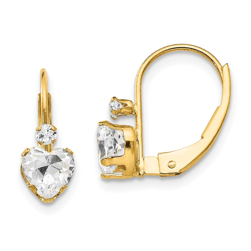 Kids Clear Cubic Zirconia Heart Lever Back Earrings in 14k Yellow Gold, Item E10304 by The Black Bow Jewelry Co.