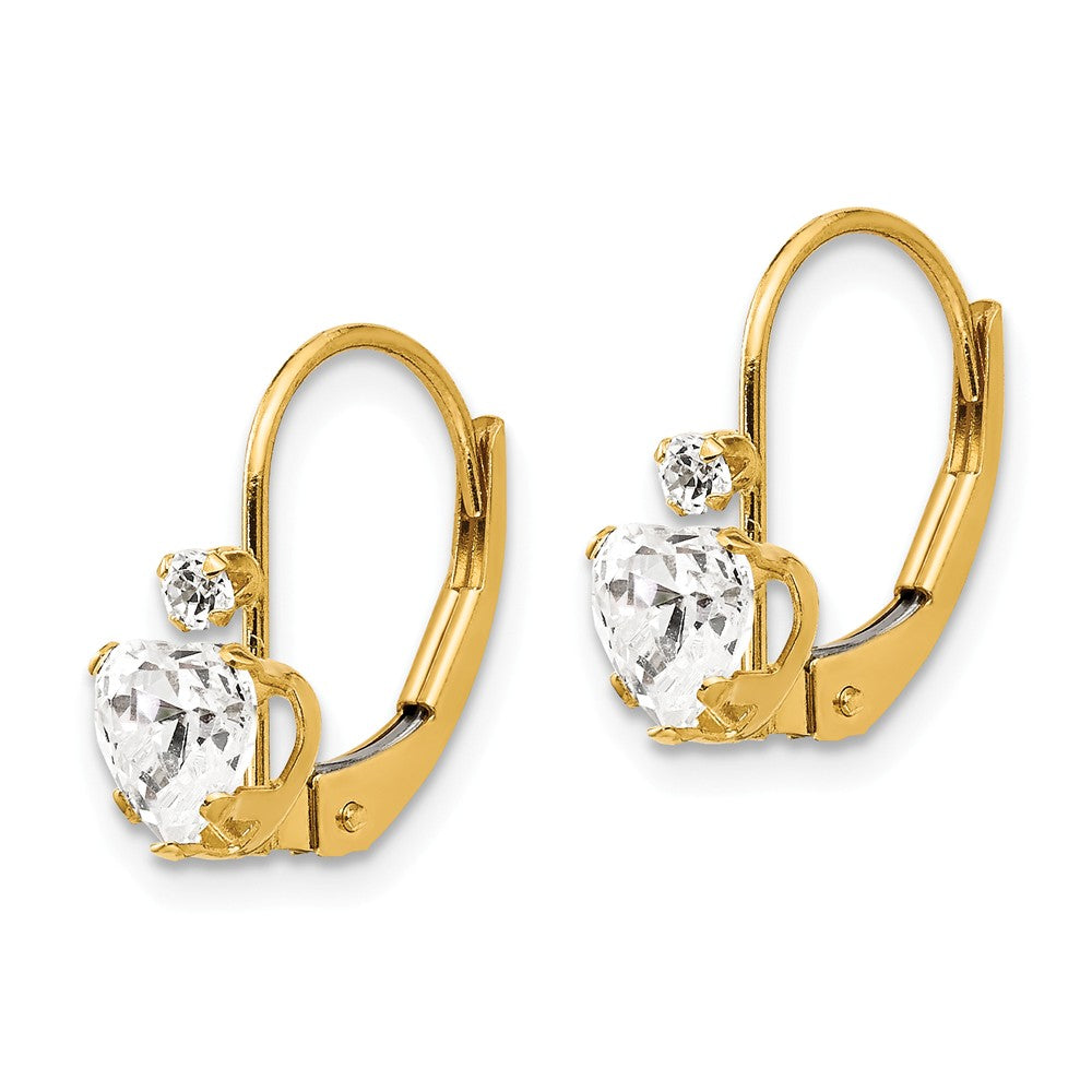 Alternate view of the Kids Clear Cubic Zirconia Heart Lever Back Earrings in 14k Yellow Gold by The Black Bow Jewelry Co.