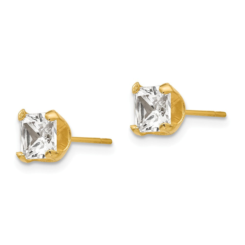 Alternate view of the 5mm Princess Basket Set Cubic Zirconia Earrings in 14k Yellow Gold by The Black Bow Jewelry Co.