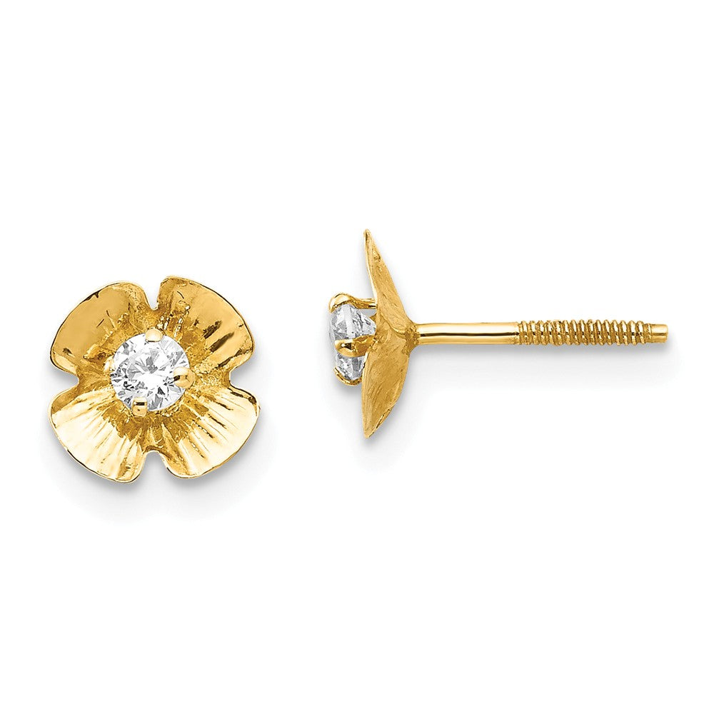 Kids 7mm Flower and Cubic Zirconia Post Earrings in 14k Yellow Gold, Item E10362 by The Black Bow Jewelry Co.