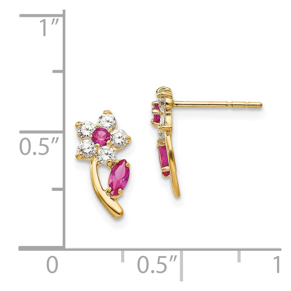 Alternate view of the Kids 14k Yellow Gold with Clear &amp; Red CZ Flower and Stem Post Earrings by The Black Bow Jewelry Co.