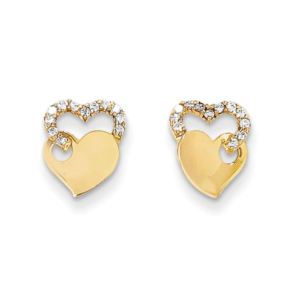 Kids Cubic Zirconia Double Heart Post Earrings in 14k Yellow Gold, Item E10391 by The Black Bow Jewelry Co.