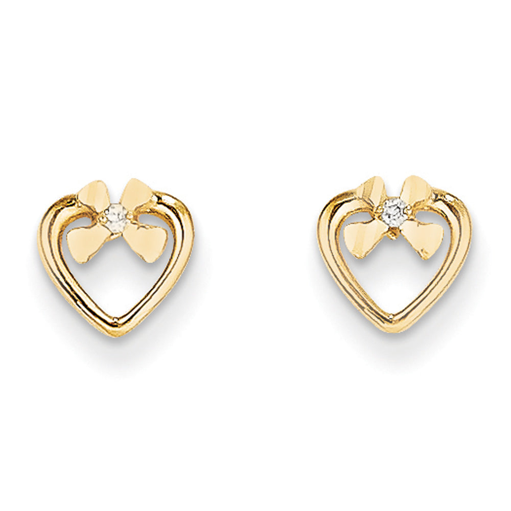 Kids 7mm Heart and Cubic Zirconia Bow Post Earrings in 14k Yellow Gold, Item E10401 by The Black Bow Jewelry Co.