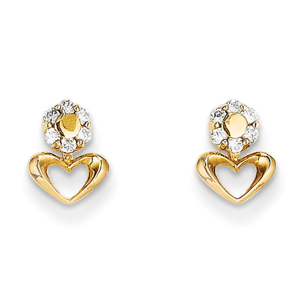 Kids Small Cubic Zirconia Halo Heart Post Earrings in 14k Yellow Gold, Item E10402 by The Black Bow Jewelry Co.