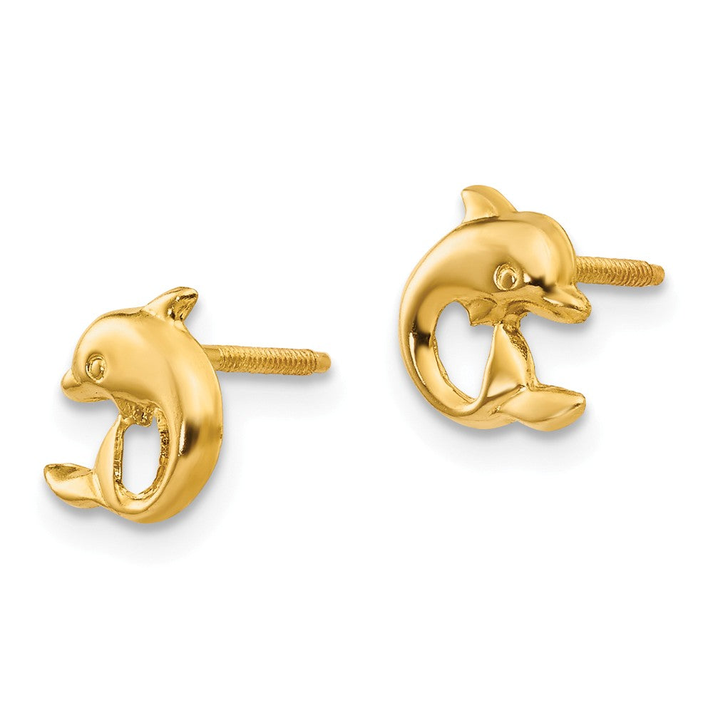 Alternate view of the Kids 7mm Dolphin Screw Back Post Earrings in 14k Yellow Gold by The Black Bow Jewelry Co.