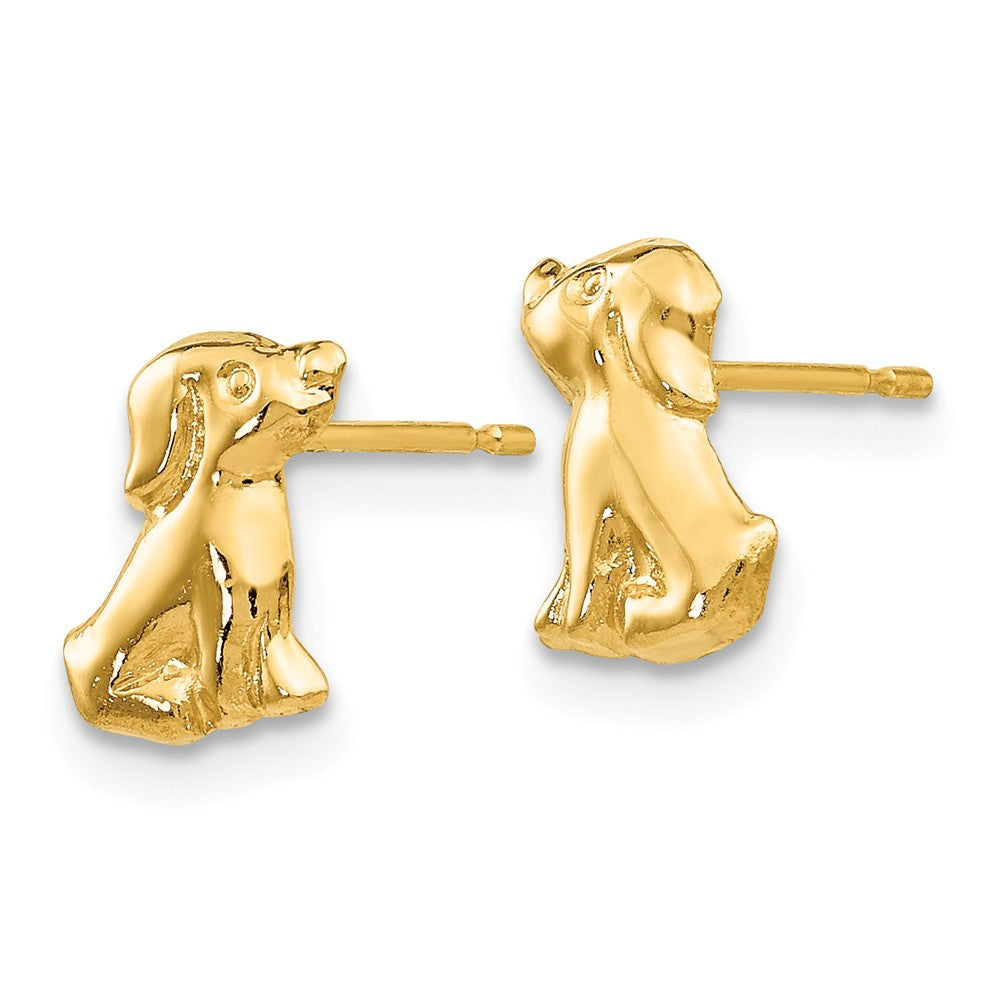 Alternate view of the Kids Small Polished Puppy Earrings in 14k Yellow Gold by The Black Bow Jewelry Co.
