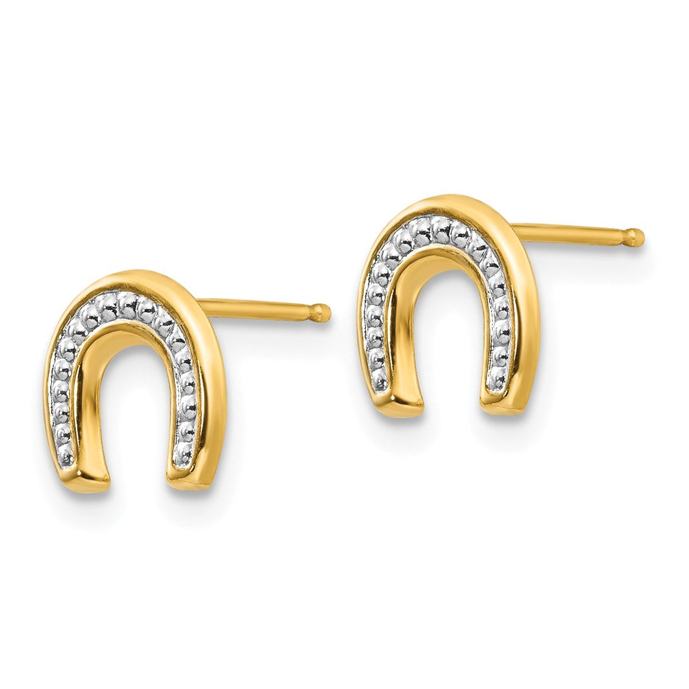 Alternate view of the Kids 14k Yellow Gold &amp; White Rhodium Two-Tone Horseshoe Post Earrings by The Black Bow Jewelry Co.