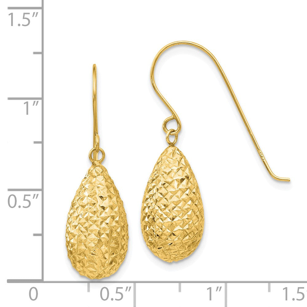 Alternate view of the 15mm Diamond Cut Puffed Teardrop Dangle Earrings in 14k Yellow Gold by The Black Bow Jewelry Co.