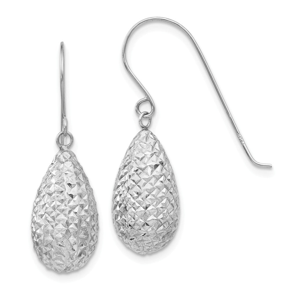 15mm Diamond Cut Puffed Teardrop Dangle Earrings in 14k White Gold, Item E10488 by The Black Bow Jewelry Co.