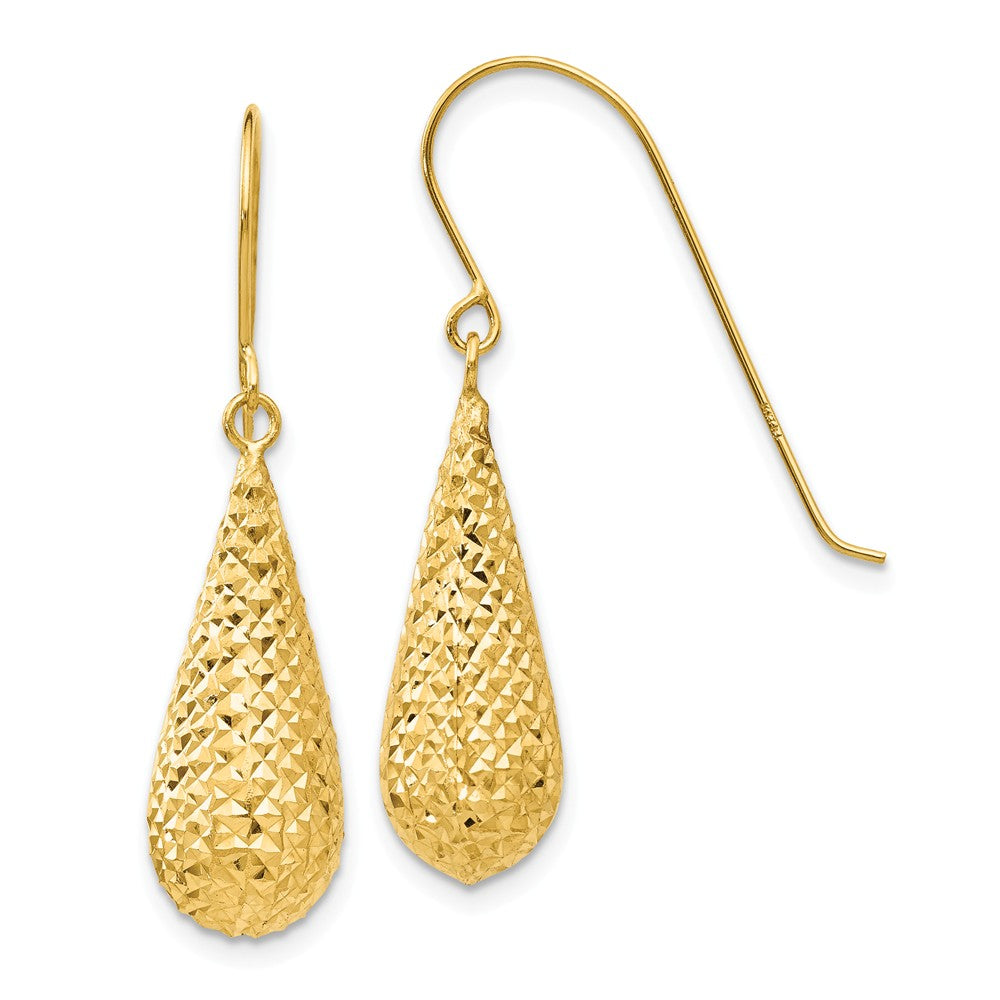 20mm Diamond Cut Puffed Teardrop Dangle Earrings in 14k Yellow Gold, Item E10490 by The Black Bow Jewelry Co.