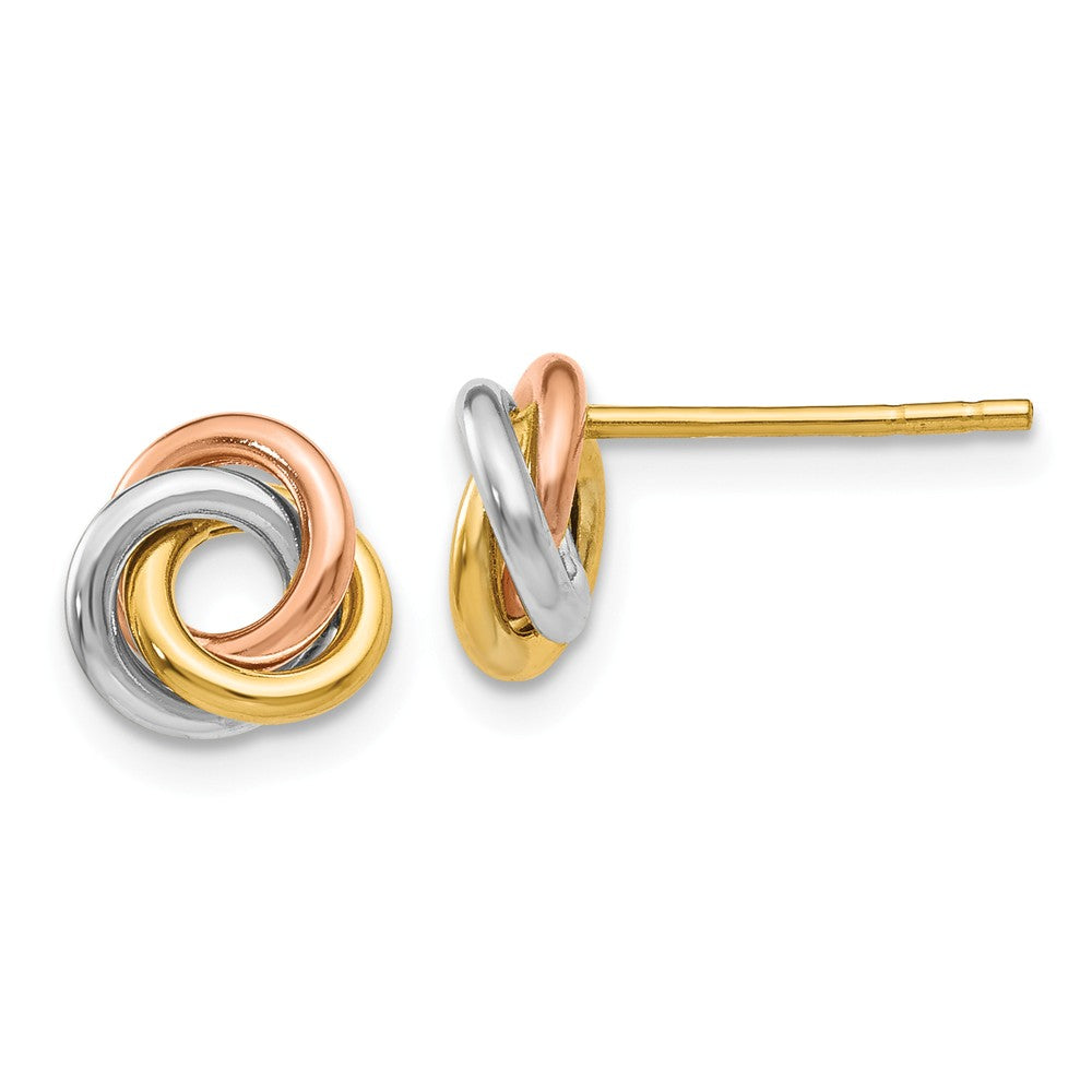 8mm Tri-Color Love Knot Earrings in 14k Gold, Item E10496 by The Black Bow Jewelry Co.