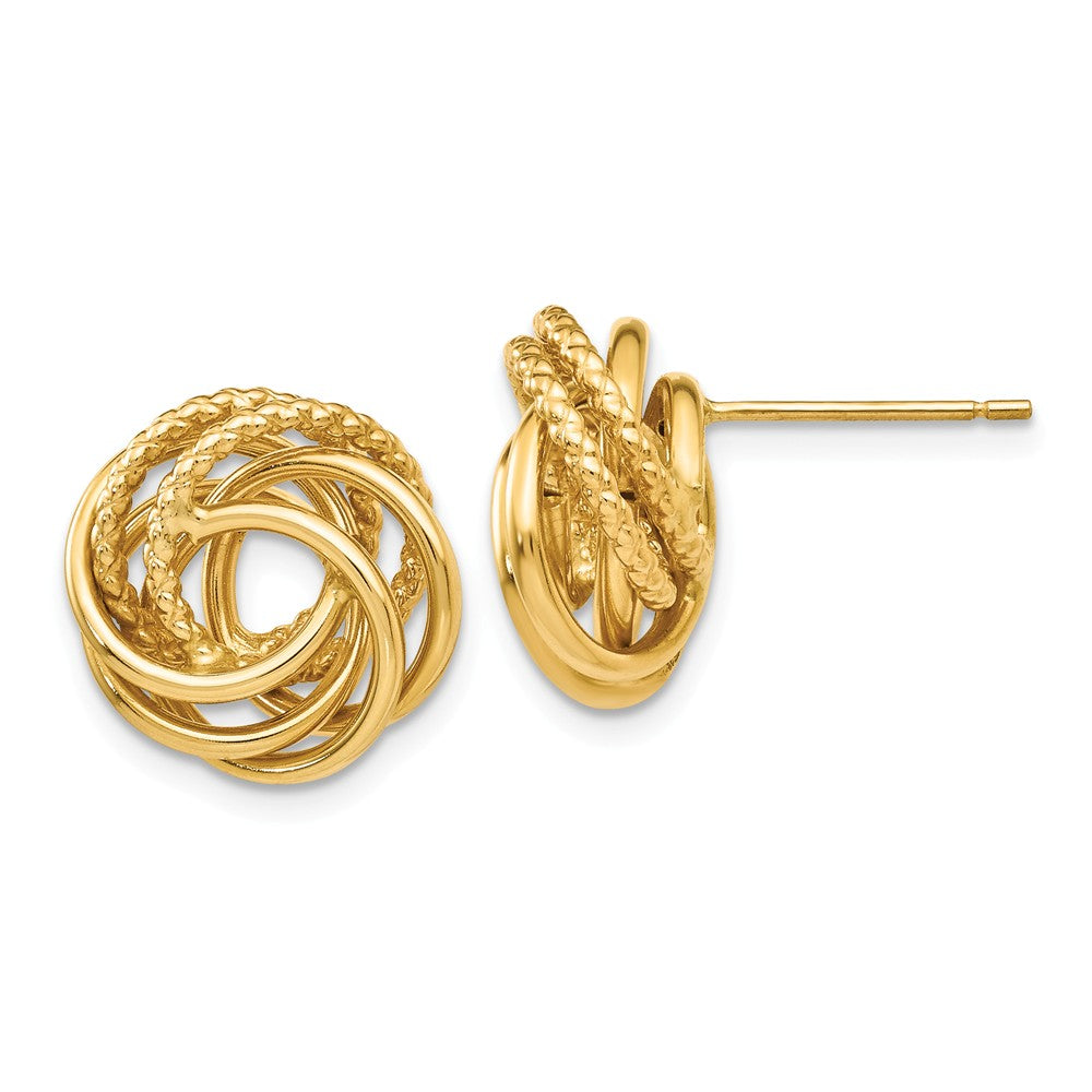 13mm Polished and Textured Love Knot Earrings in 14k Yellow Gold, Item E10516 by The Black Bow Jewelry Co.